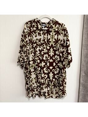 Manuhealii Mens Hawaiian Aloha Pullover Shirt XL Cream Brown Rayon Collared